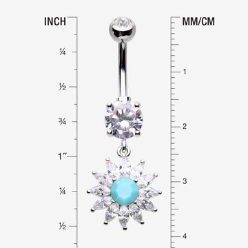 Detail View 1 of Marquise Sparkle Rays Turquoise Flower Belly Button Ring-Clear Gem/Turquoise